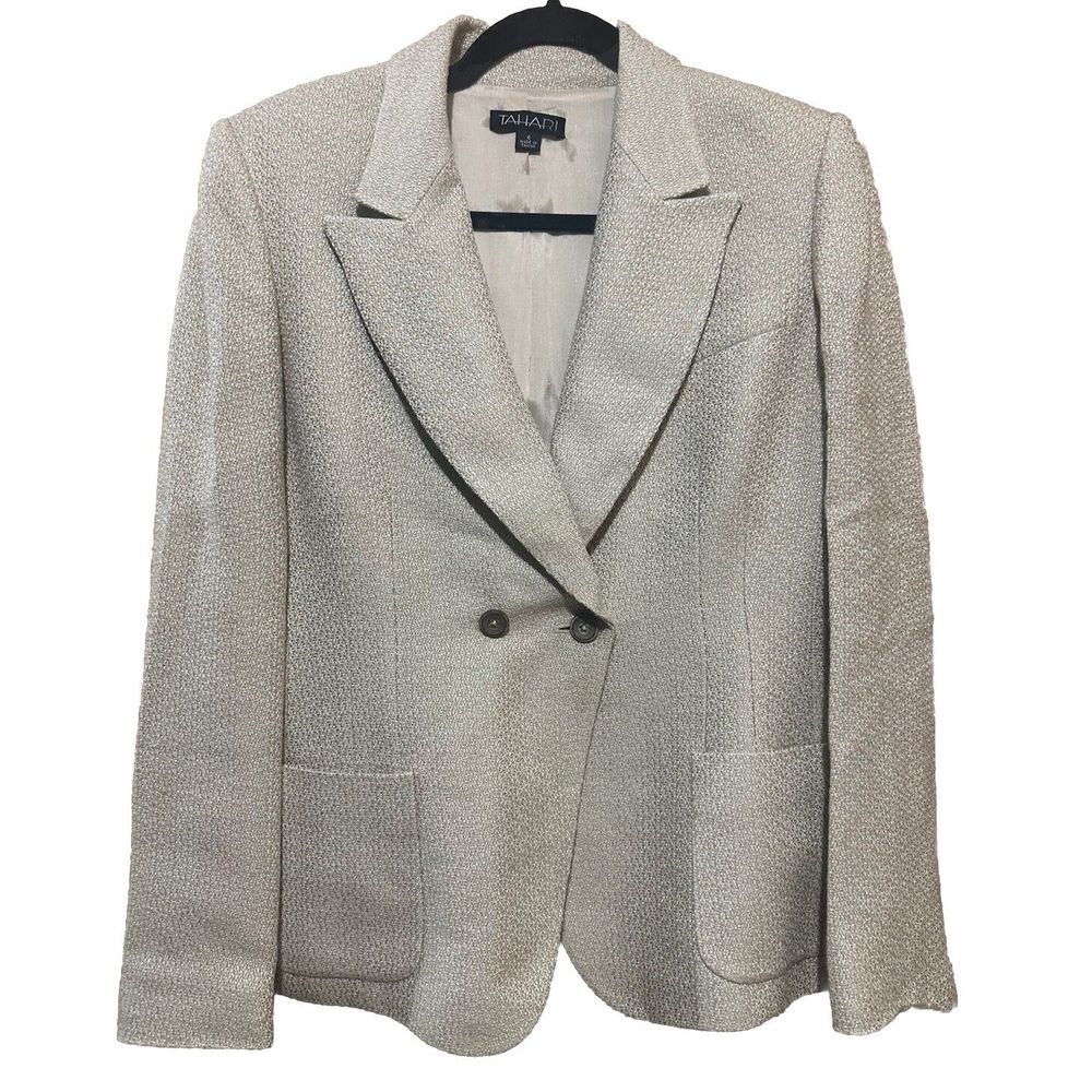 Tahari Blazer Jacket Women Beige Jacquard Textured Double Breasted Size 6 EUC